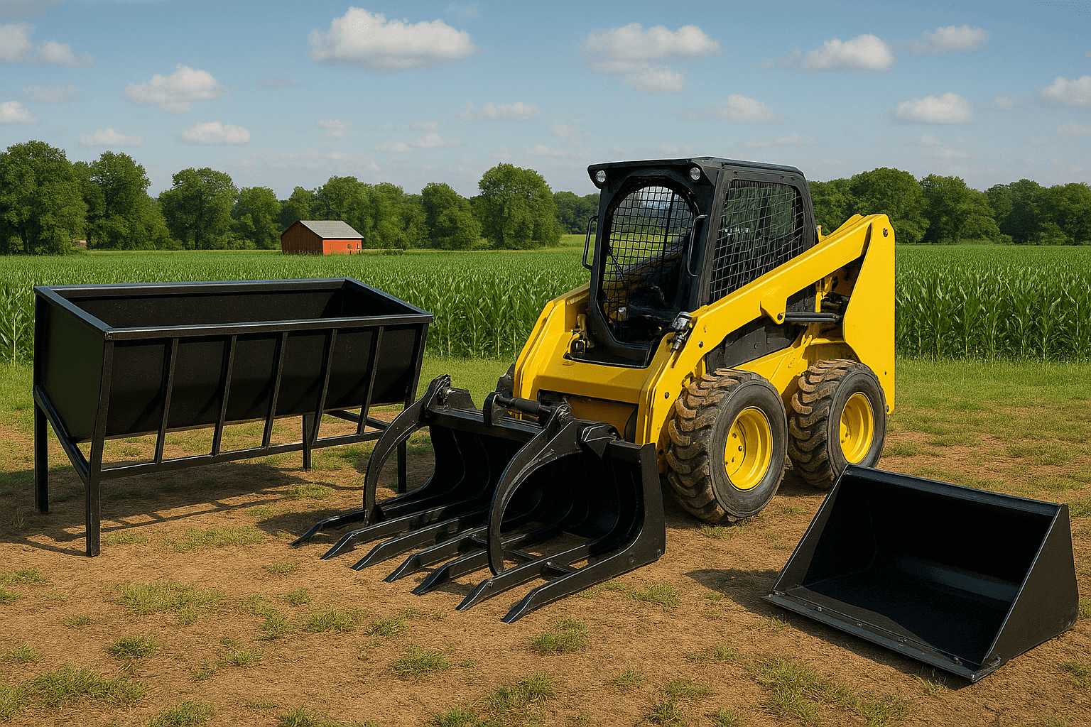 Yellow skid steer with farm attachments outdoors.