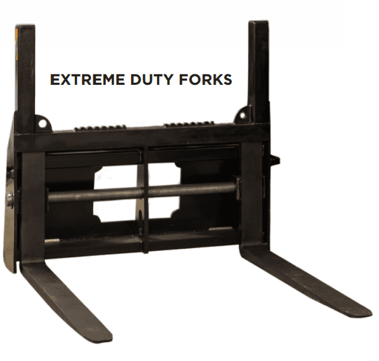 Heavy-duty forklift forks labeled 'EXTREME DUTY FORKS'.