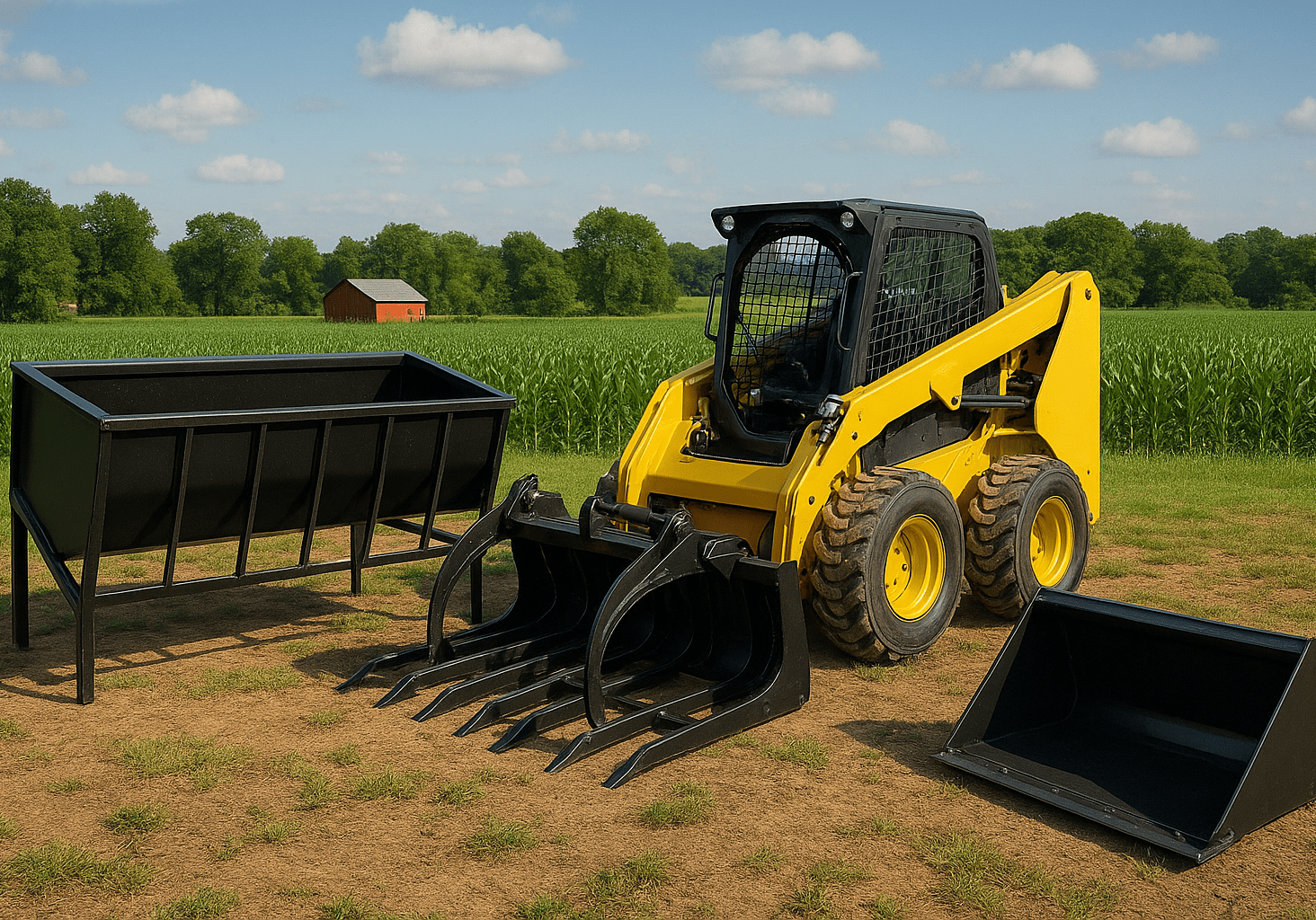 Yellow skid steer with farm attachments outdoors.